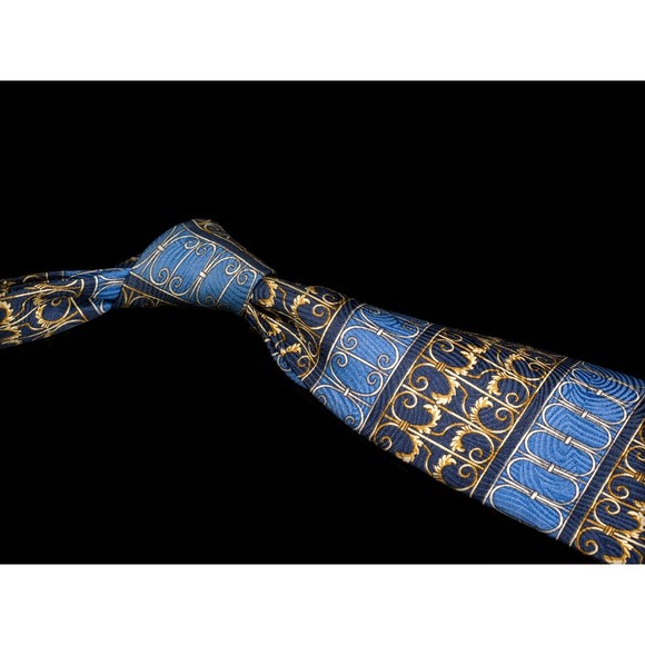 Countess Mara 100% Silk Tie Blue Gold Fence Motif Mens Designer Necktie - Picture 1 of 5